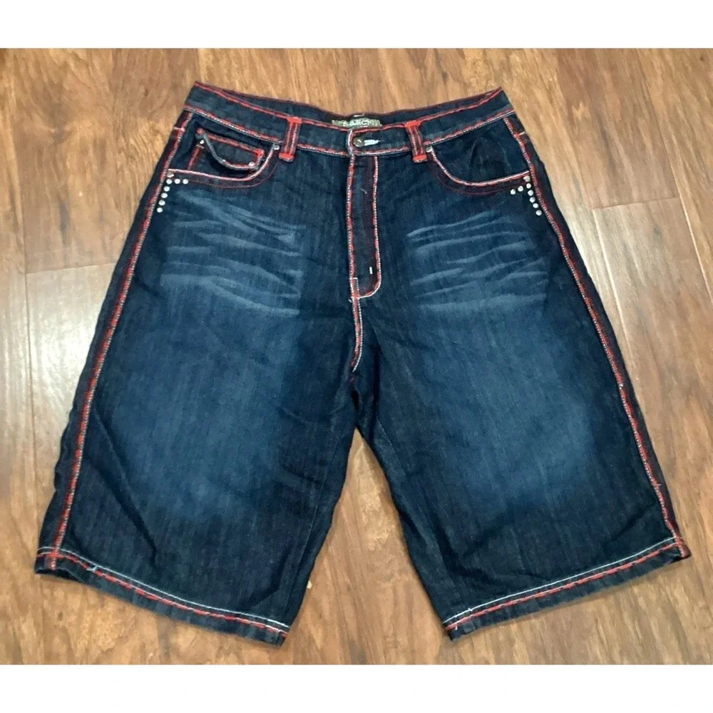 Direct Blue Denim Jean  Shorts 36 Y2K Baggy Embroidered Pockets With Rhinestones